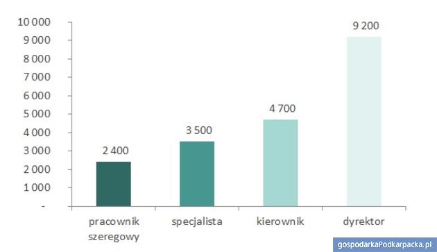 Mediany wynagrodzeń całkowitych w województwie podkarpackim w 2016 roku na różnych szczeblach zarządzania (brutto w zł). Źródło: Ogólnopolskie Badanie Wynagrodzeń przeprowadzone przez Sedlak & Sedlak w 2016 roku