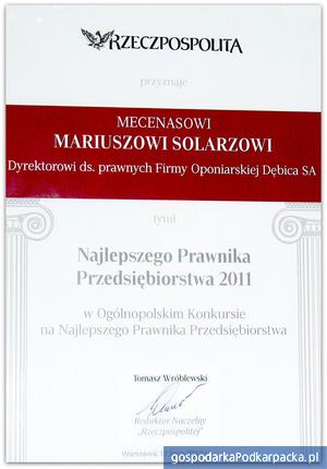 Mariusz Solarz z Dębica SA. z nagrodą Najlepszy Prawnik Przedsiębiorstwa 2011