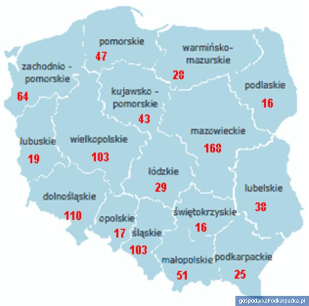 Liczba upadłości w rozbiciu na województwa. Źródło Coface
